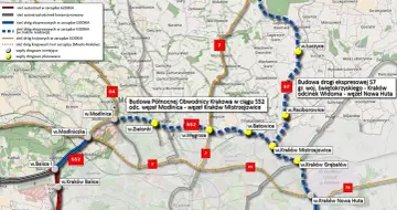 Mapa przedstawia budowę północnej obwodnicy Krakowa w ciągu S52 oraz drogi S7.