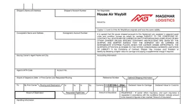 Formularz przewozowy House Air Waybill. Magemar Logistics to nadawca.