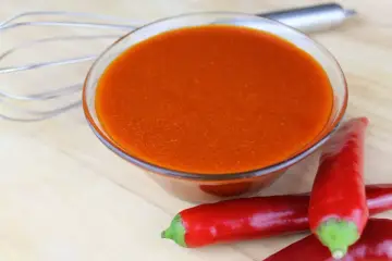 Schüssel mit leuchtend orangeroter Buffalo Sauce, daneben rote Chilis und ein Schneebesen. Perfekt für Flügel!
