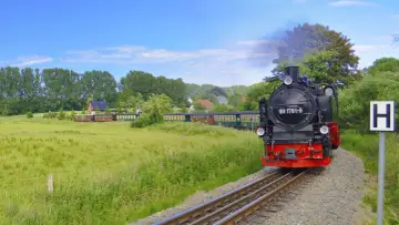 Parowóz z wagonami jedzie przez zielone pola, jakby to był dojazd z Polski do Rugii.