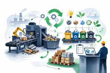 Ilustracja przedstawia proces zarządzania odpadami poprodukcyjnymi: od linii produkcyjnej, przez segregację, po analizę danych.