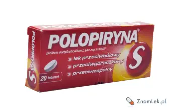 Opakowanie leku Polopiryna S, zawierające 20 tabletek. Skuteczny lek przeciwbólowy, przeciwgorączkowy i przeciwzapalny.