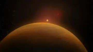 Widok z kosmosu na pomarańczową planetę, nad którą widać dwa słońca i gwiazdy. To fascynujący układ planet.
