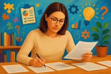 Kobieta w okularach pracuje nad dokumentami, symbolizując indywidualny tok nauczania. W tle puzzle, żarówka i wykresy.