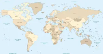 Mapa świata z zaznaczonymi państwami. Widać stolice sąsiadów Polski: Berlin, Praga, Bratysława, Kijów, Mińsk, Wilno, Moskwa.