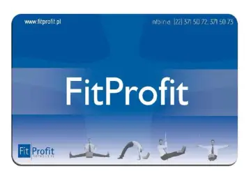 Karta FitProfit z logo i hasłem. Na dole grafiki mężczyźni w pozycjach fitness.