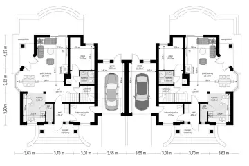 Plan architektoniczny bliźniaków z garażami, tarasami i podcieniami.