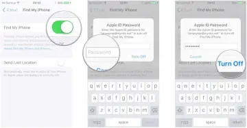 Wyłączanie funkcji Znajdź mój iPhone: ekran z hasłem Apple ID i przyciskiem "Wyłącz".
