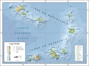Mapa polityczny Wysp Zielonego Przylądka, pokazujący ich położenie na Oceanie Atlantyckim.