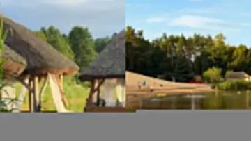 Fajne miejsca nad wodą łódzkie: urokliwe chatki z trzciny i piaszczysta plaża z kąpiącymi się ludźmi.