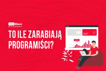 Młody programista siedzi na pufie z laptopem, analizując wykresy średnich zarobków.