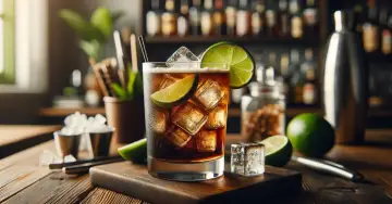 Idealne proporcje cuba libre: rum, cola i limonka na lodzie. Orzeźwiający drink na drewnianym blacie.