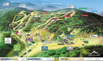 Mapa ośrodka narciarskiego i rowerowego Czarna Góra w Polsce. Widoczne trasy zjazdowe, rowerowe, wyciągi, schroniska i hotele.