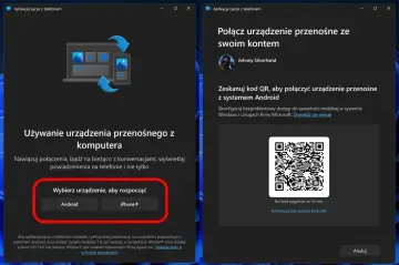 Aplikacja "Łącze z telefonem" pozwala na połączenie telefonu z komputerem. Wybierz Android lub iPhone, aby rozpocząć.
