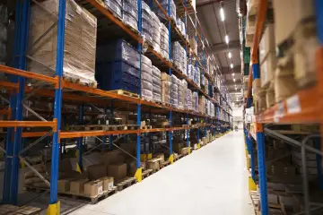 Wielkie regały magazynowe wypełnione towarami. Jak zorganizować logistykę w handlu internetowym: magazyn własny czy FBA?