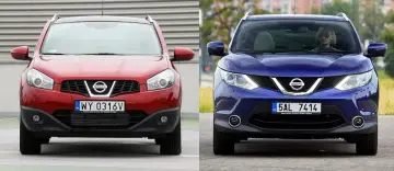 Dwa samochody Nissan Qashqai J11: czerwony z przodu i niebieski z kierowcą w okularach.