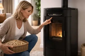 Femme vérifiant l'alarme température fumée sur son poêle à granulés. Elle tient un panier de pellets.