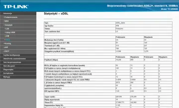 Statystyki xDSL: Połączenie aktywne, prędkość pobierania 10239 Kbps, wysyłania 959 Kbps. SR rejestracja danych.