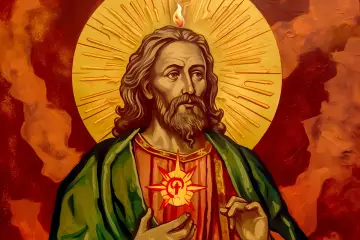 Św. Juda Tadeusz, patron trudnych spraw, z płomieniem nad głową i gwiazdą na piersi. Jego cuda inspirują wiernych.