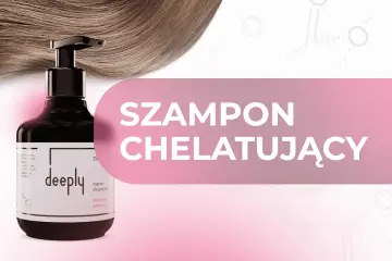 Butelka szamponu chelatującego "deeply" na tle falujących włosów. Dowiedz się, szampon chelatujący co to jest i jak działa.