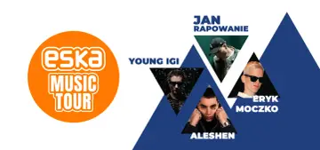 Plakat Eska Music Tour z artystami: Young Igi, Jan Rapowanie, Eryk Moczko i Aleshen.