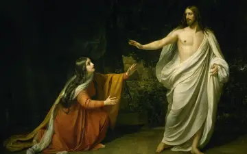 Maria Magdalena klęczy przed zmartwychwstałym Chrystusem, prorokiem, który wyciąga do niej rękę.