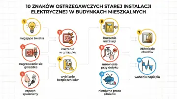 Schemat 10 znaków ostrzegawczych starej instalacji elektrycznej w budynkach mieszkalnych: migające światła, iskrzenie, nagrzewanie gniazdka, wybijanie bezpieczników, zapach spalenizny, buczenie, żółknięcie obudów, mrowienie, nierówna praca silników, wa...