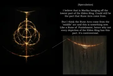 Złoty symbol Elden Ring, z postacią wiszącą na dolnym łuku, sugerującą runę śmierci.