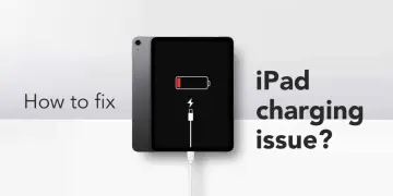 iPad z ikoną niskiego poziomu baterii i symbolem ładowania, podłączony kablem.