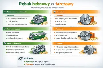 Porównanie rębaków: bębnowy (agresywny, mocny) i tarczowy (precyzyjny, z dobrym wykończeniem zrębki).