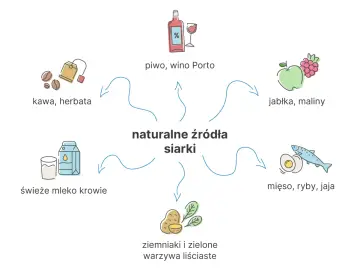 Naturalne źródła siarki: piwo, wino Porto, jabłka, maliny, mięso, ryby, jaja, ziemniaki, warzywa liściaste, mleko krowie, kawa, herbata.
