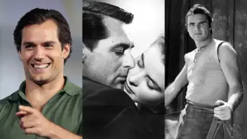 Uśmiechnięty Henry Cavill obok klasycznych scen filmowych.