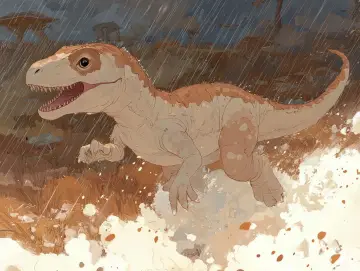 Mały dinozaur biegnie przez deszcz, jak z bajki o dinozaurach.