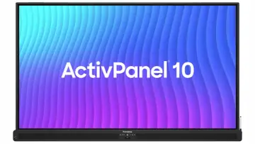 Duży monitor ActivPanel 10 z kolorowym tłem. Chcesz wiedzieć, jak sprawdzić, jaki masz monitor? Ten ekran może być odpowiedzią.