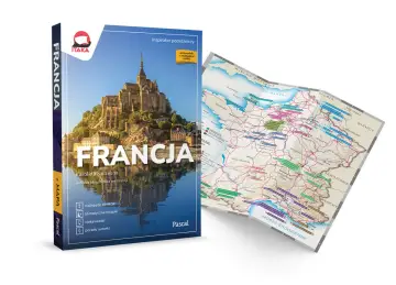 Przewodnik po Francji z mapą pokazuje, z kim graniczy Francja: Wielką Brytanią, Belgią, Luksemburgiem, Niemcami, Szwajcarią, Włochami i Hiszpanią.
