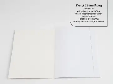Idealny zeszyt do wosu: 32 kartki, format A5, w kratkę, z matową folią na okładce.