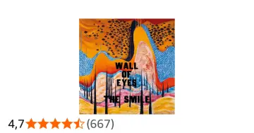 Obraz "Wall of Eyes" zespołu The Smile. Surrealistyczna kompozycja z licznymi oczami na pomarańczowym tle, przypominająca ścianę spojrzeń.