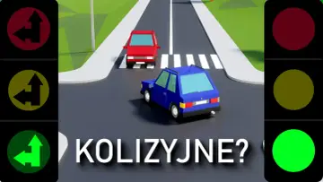 Dwa samochody na skrzyżowaniu, sygnalizacja świetlna z zieloną strzałką w lewo. Czy to światła bezkolizyjne?
