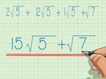 Przykład dodawania pierwiastków: 2√5 + 12√5 + √5 + √7 = 15√5 + √7.