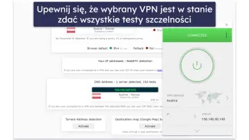 Jak sprawdzić czy VPN działa? Testy szczelności IP i DNS pokazują połączenie z Austrią.