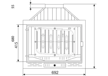 Rysunek techniczny przedstawia wymiary wkładów kominkowych: 692 mm szerokości, 680 mm wysokości i 415 mm głębokości.