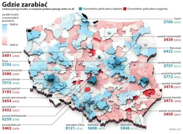 Mapa Polski z zaznaczonymi zarobkami brutto i netto. Najwyższa mediana zarobków w Polsce to Warszawa (6432 zł brutto).