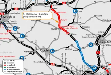 Mapa drogowa z zaznaczonym odcinkiem S11 Siemianice - Gotartów w realizacji. Widoczne są drogi krajowe i autostrady.