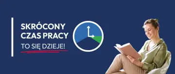Kobieta czyta książkę, ciesząc się wolnym czasem. Napis "Skrócony czas pracy to się dzieje!" podkreśla tę zmianę.