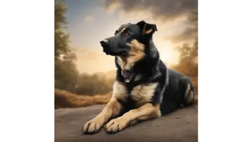 Piękna mieszanka owczarka niemieckiego z labradorem leży na drodze wśród jesiennych drzew i traw.