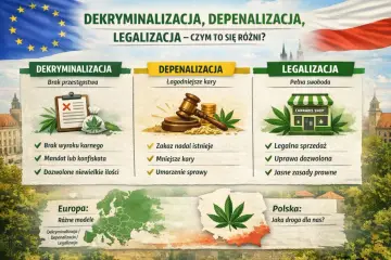 Grafika porównuje dekryminalizację, depenalizację i legalizację konopi, pokazując różnice w karach i swobodach. Depenalizacja to łagodniejsze kary.