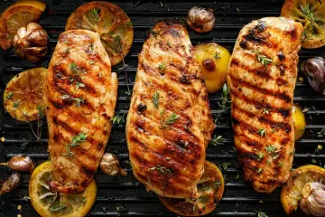 Soczyste piersi z kurczaka z grilla, z grillowanymi cytrynami i czosnkami. Idealny sposób, jak przyrządzić pierś z kurczaka na grilla.