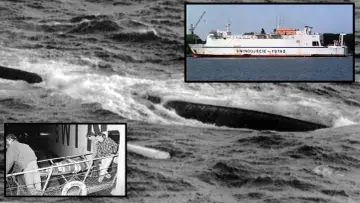 Tragiczny rejs promu Jan Heweliusz, który zatonął w 1993 roku. Zdjęcia pokazują statek przed katastrofą i jego fragmenty na wzburzonym morzu.