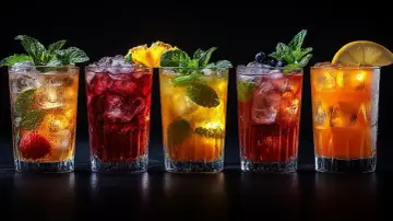 Pięć kolorowych, popularnych drinków z lodem, owocami i miętą, gotowych do orzeźwienia.