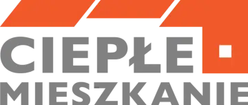 Szare litery "CIEPŁE MIESZKANIE" na czarnym tle, z pomarańczowym elementem graficznym.